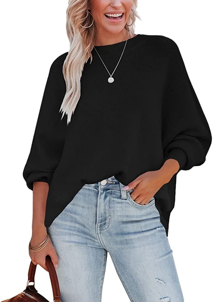 Jeemery Women's Oversized Batwing Sleeve Sweaters Casual Crewneck Side Slit Soft Knit Pullover Tu... | Amazon (US)