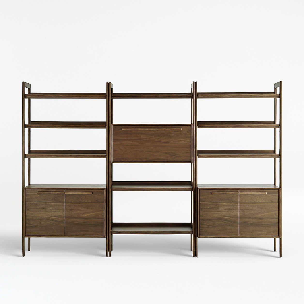 Tate 108" Walnut Bookcase Bar Cabinet with 2 Bookcase Cabinets + Reviews | Crate & Barrel | Crate & Barrel
