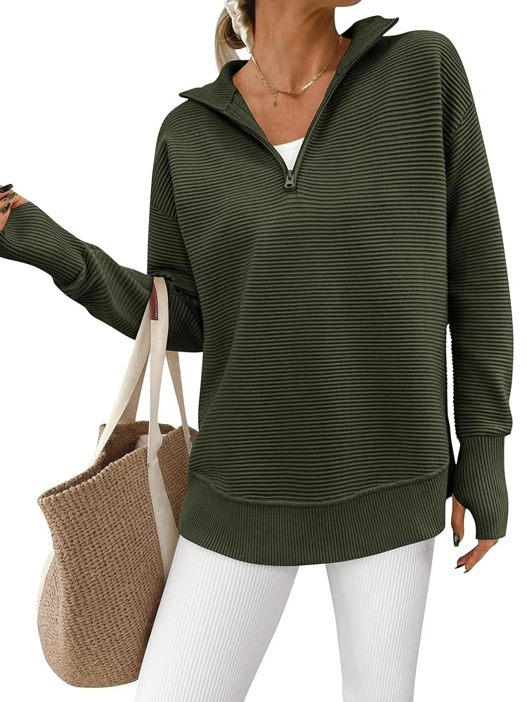 PRETTYGARDEN Womens Long Sleeve Quarter Zip Pullover Sweater Casual Loose V Neck Collared Ribbed ... | Amazon (US)