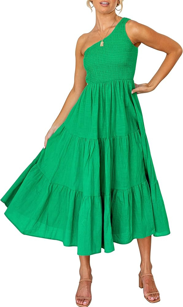 ANRABESS Women's 2023 Summer Bohemian One Shoulder Sleeveless Smocked Ruffle Tiered Beach Maxi Su... | Amazon (US)