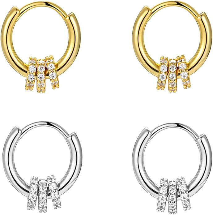 2 Pairs Gold/Silver Hoop Earrings For Women Set Trendy,14K Plated Gold Chunky Huggie Hoop Earings... | Amazon (US)