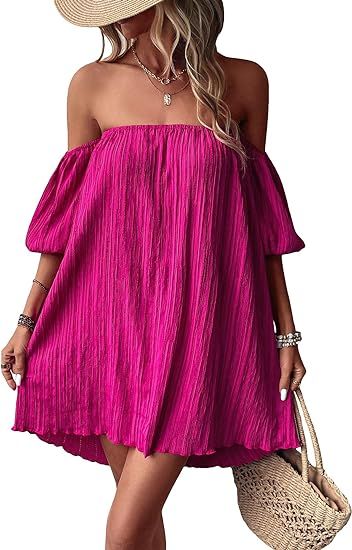 OYOANGLE Women's Lettuce Trim Off Shoulder Short Sleeve Flared Dress Solid Casual Loose Fit Flowy... | Amazon (US)