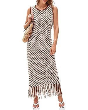 Wenrine Womens Summer Crochet Knit Dress Sleeveless Casual Striped Tassel Tank Sweater Boho Maxi ... | Amazon (US)