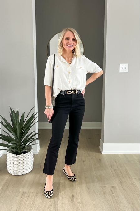 Black kick flare jeans styled with a white shirt for spring! 
Shirt- small
Jeans- small/regular (I did cut the length of these jeans) 
Shoes- 7.5

#LTKstyletip #LTKfindsunder100 #LTKSeasonal