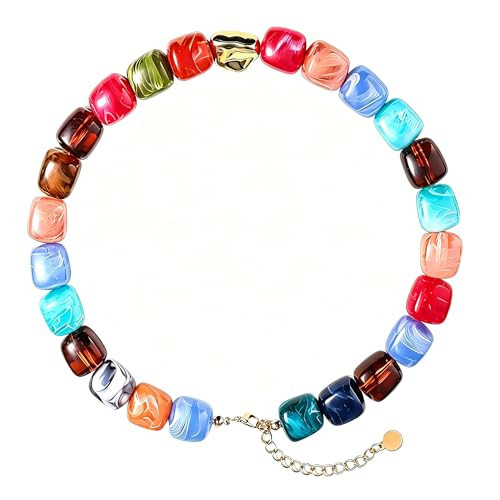 Chunky Gemstone Beaded Necklace Boho Rainbow Crystal Choker Handmade Summer Beach Jewelry for Women Trendy Surfer Style Charm 14K Gold Plated Freshwater Pearl Vacation Birthday Gift | Amazon (US)