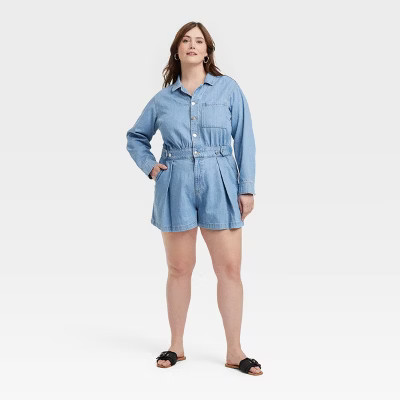 Women's Long Sleeve Denim Romper - Universal Thread™ Medium Wash 22 | Target