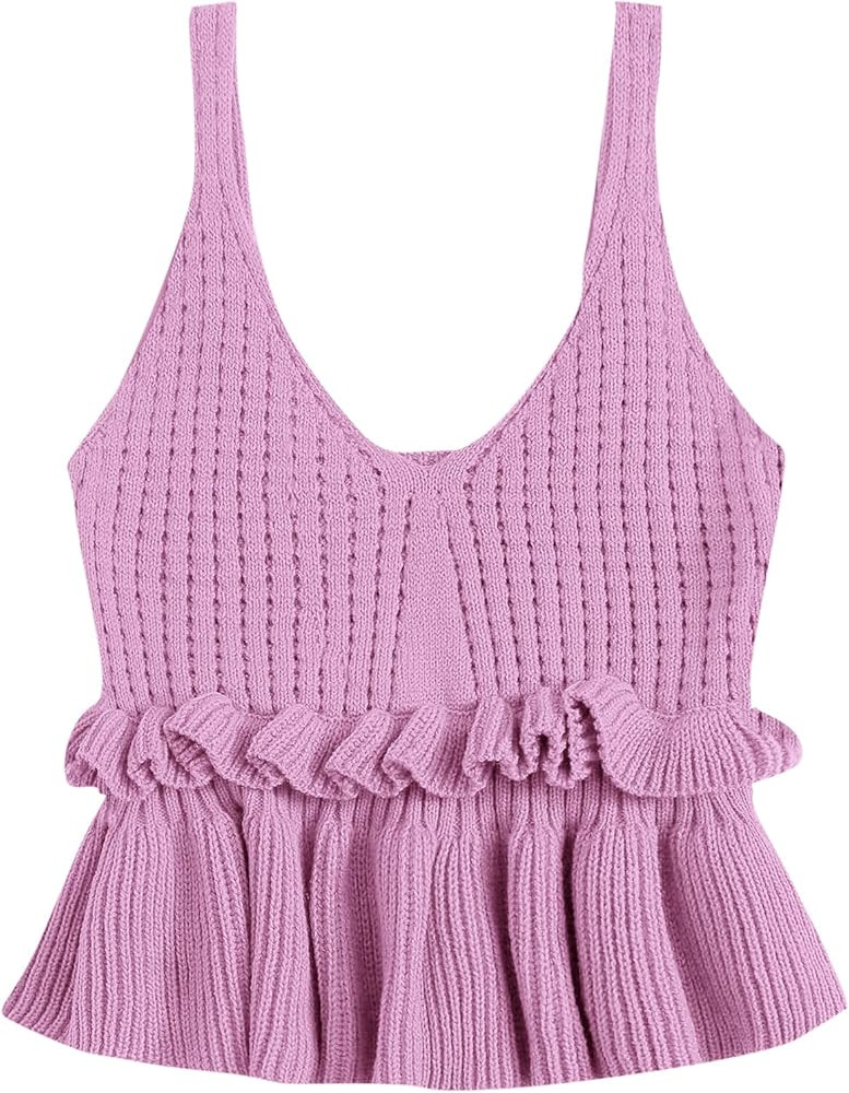 SweatyRocks Women's Casual Knit Top Sleeveless Ruffle Hem V Neck Peplum Crop Tank Top | Amazon (US)