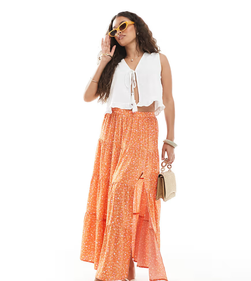 Miss Selfridge petite side slit tiered maxi skirt in orange floral-Multi | ASOS (Global)