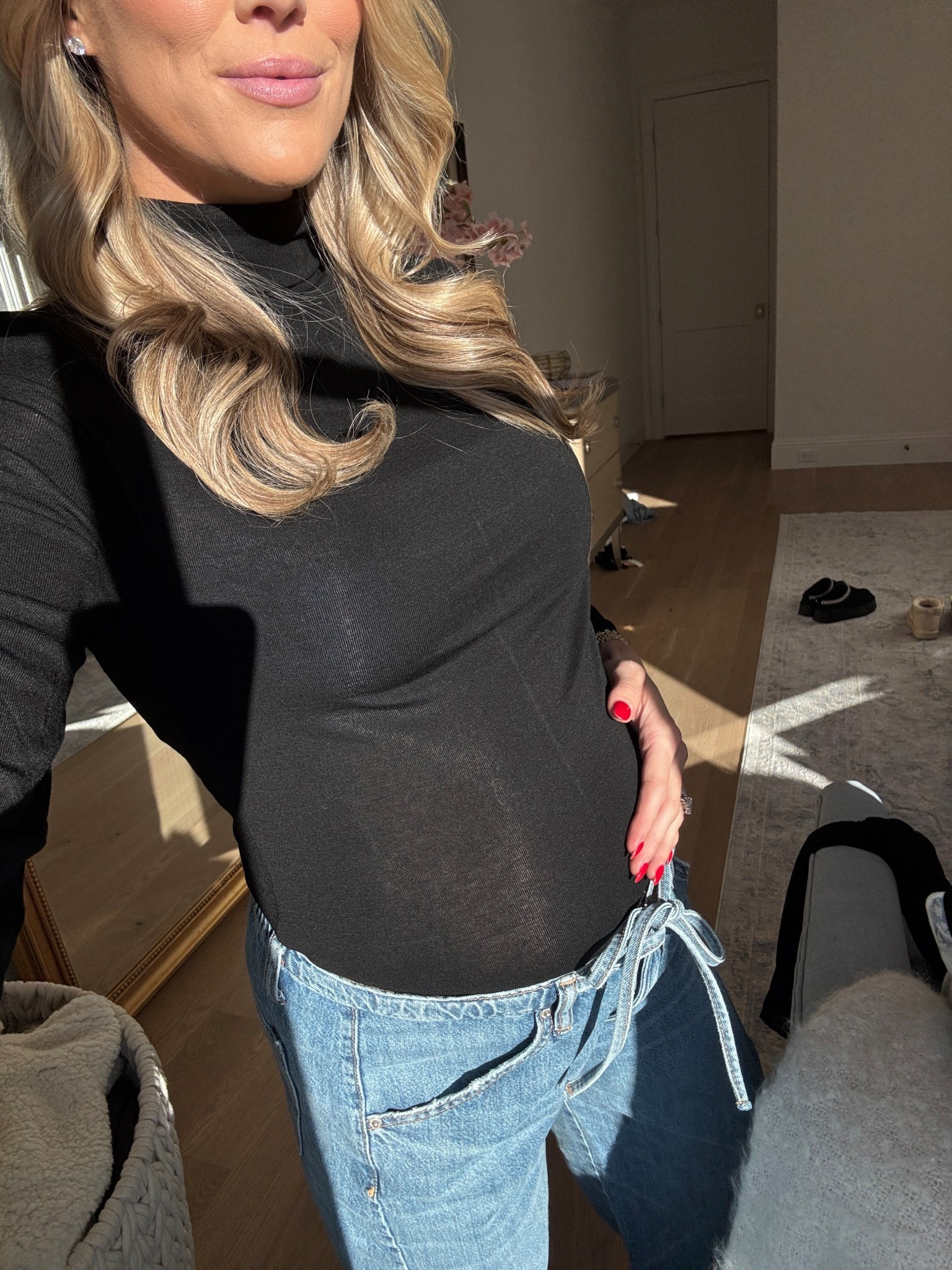 Black Turtleneck Tee 
Drawstring Jeans 
Closet Staples 

#LTKBump #LTKootd