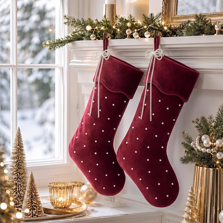 2 Pcs 20 Inch Red Velvet Christmas Stockings with Pearl, Bow | Amazon (US)