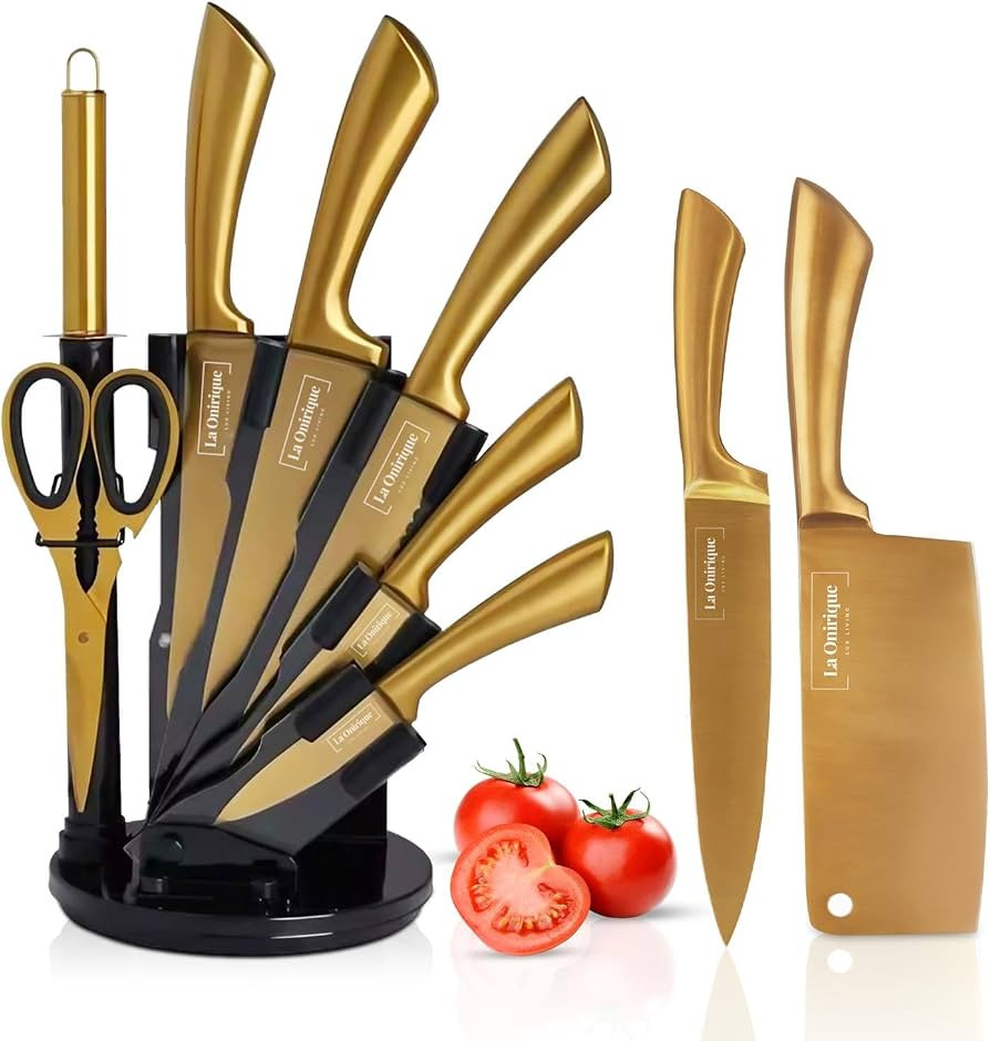 Luxury Black & Gold Kitchen Knife Set with Block & Rod Sharpener | Amazon (US)