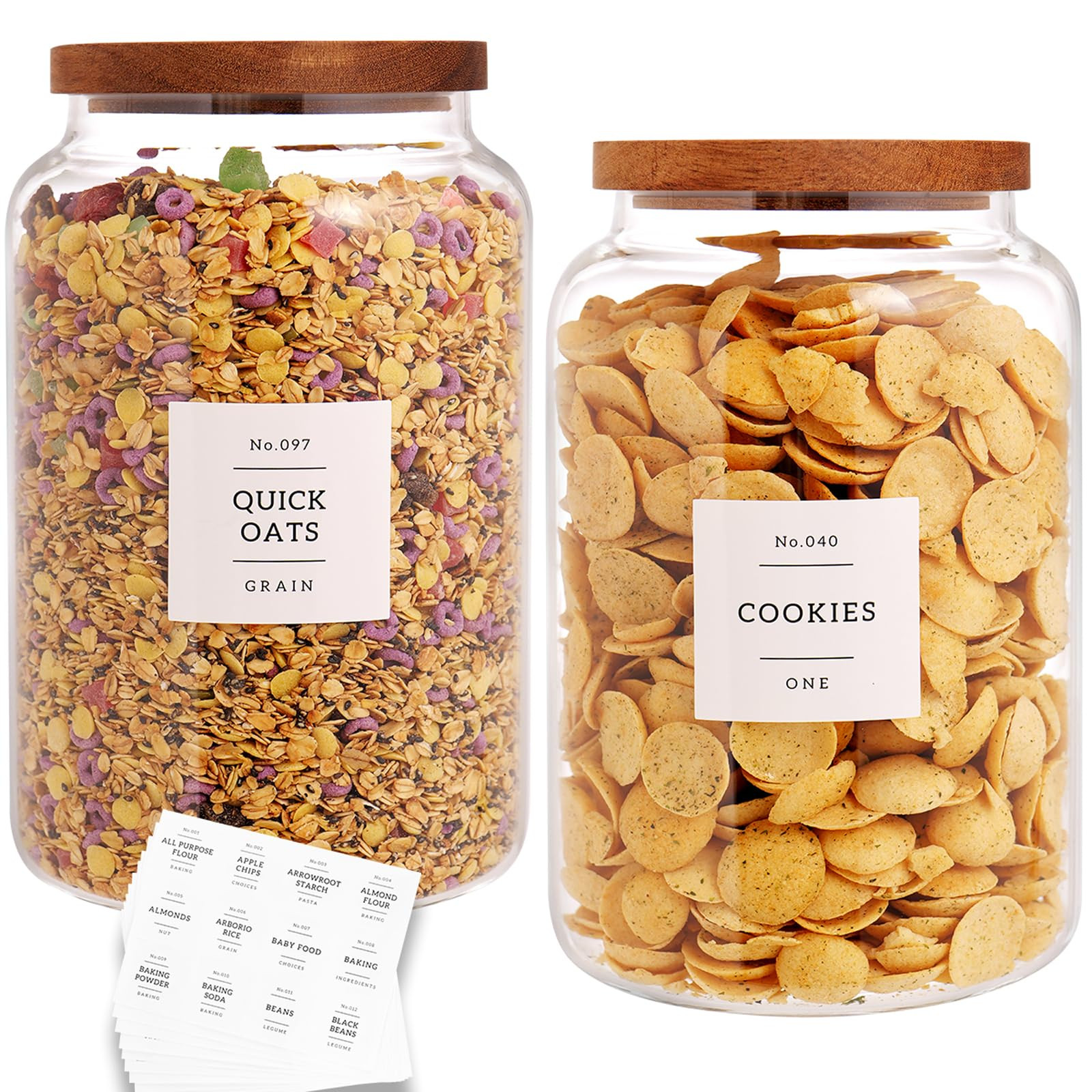 CZHQSMZ Set of 2 Large Glass Flour and Sugar Containers with 132 Pantry Labels - Glass Food Storage Jars with Airtight Bamboo Lid for Flour Pasta Candy Coffee Cookie and More(1 Gallon/4000 ml) | Amazon (US)