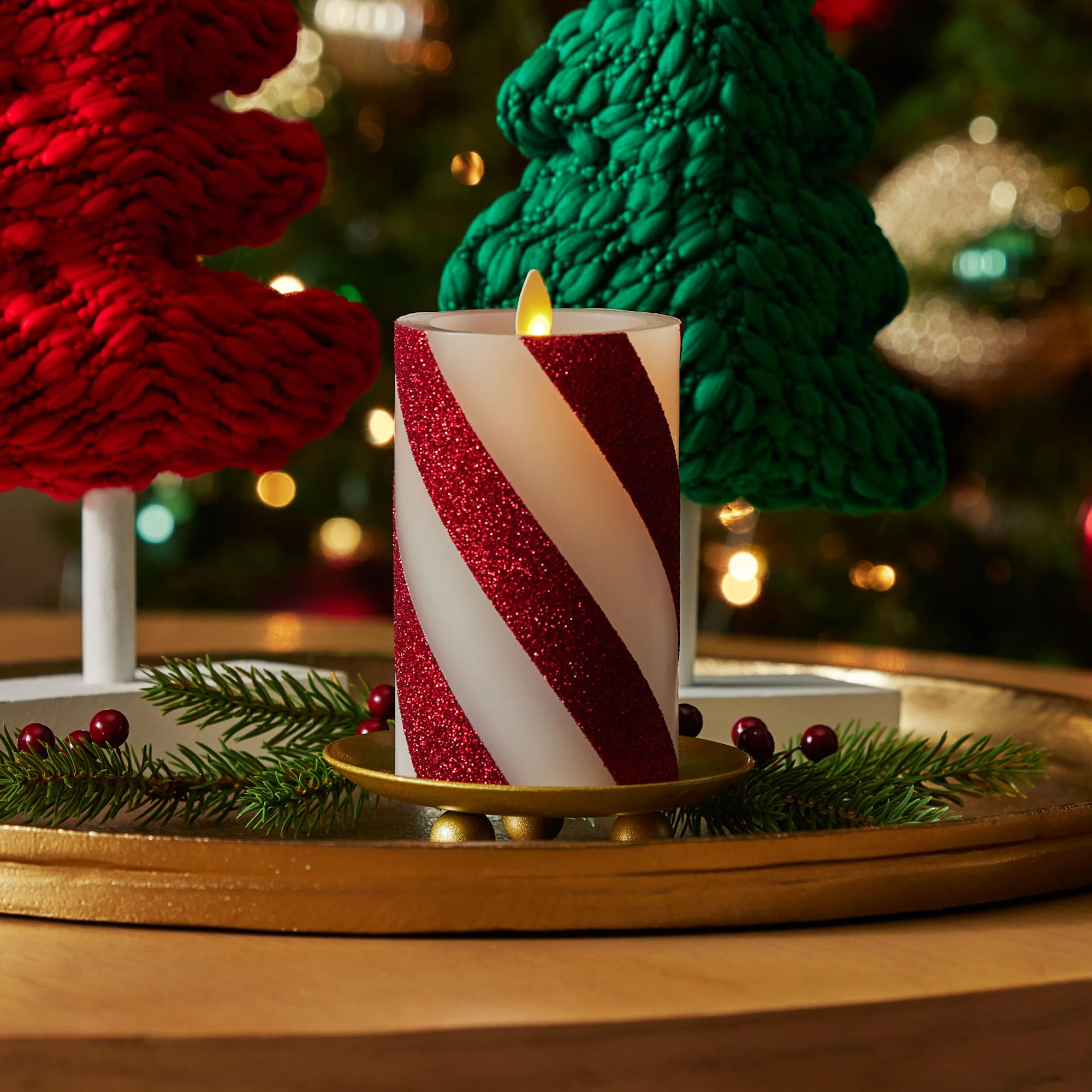 Red Candy Cane Wide Glitter Stripe White Flameless Candle Pillar | Luminara