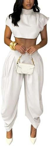 Ekaliy Casual Two Piece Sets For Women Mock Neck Short Sleeve Crop Tops and Palazzo Pants Set Sum... | Amazon (US)