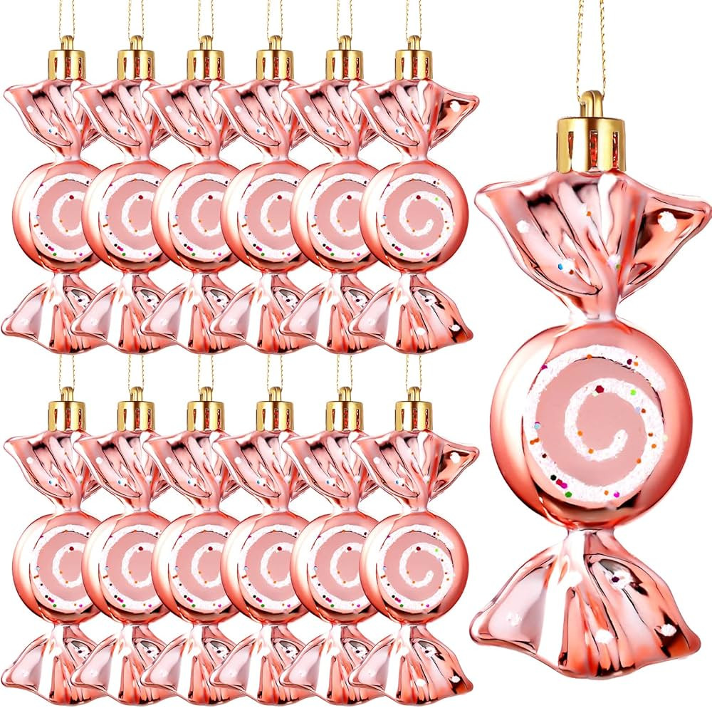 Threan Hanging Ornament, 12 Pieces Plastic Christmas Candy Cane Ornaments with Golden Ropes, Rose... | Amazon (US)