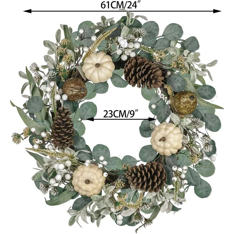 24 inch Fall Wreath for Front Door, Harvest Wreath with White Pumpkin, Pine Cone, Berry Clusters,... | Walmart (US)