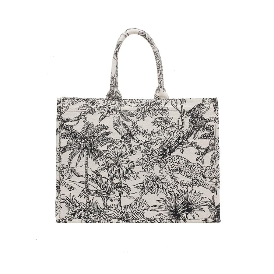 Large capacity handbag linen cotton flower embroidery retro exquisite doodle fashion shopping bag | Amazon (US)
