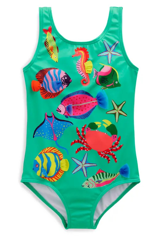 Mini Boden Kids' Appliqué UPF 50+ One-Piece Swimsuit in Underwater Aquamarine at Nordstrom, Size 3-4Y | Nordstrom