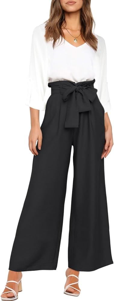 FANCYINN Womens 2 Piece Outfit Set V Neck Long Sleeves Tops High Waisted Paper Bag Pants with Bel... | Amazon (US)