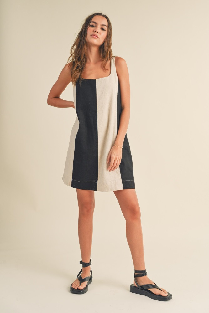 Black Color Block Linen Sleeveless Dress | PinkBlush Maternity