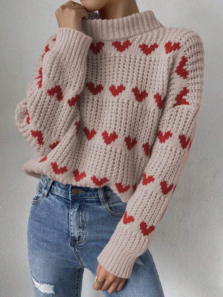 SHEIN Qutie Heart Shaped Pattern Stand Collar Drop Shoulder Sweater | SHEIN