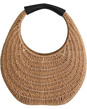 JOLLQUE Straw Bag for Women,Summer Hand Woven Small Hobo Handbag Purse,Solid Round Top-Handle Clu... | Amazon (US)