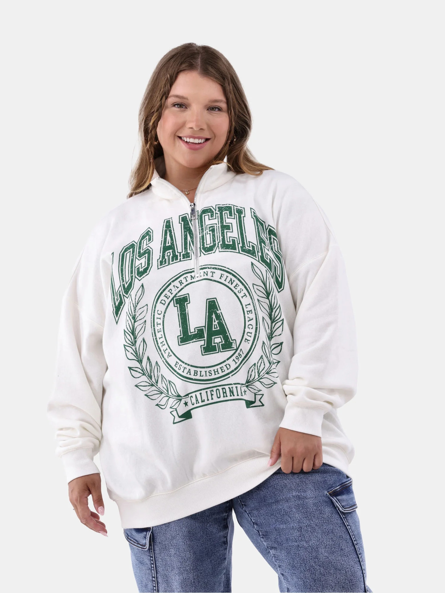 No Boundaries Quarter Zip Graphic Pullover Sweatshirt, Women's and Women's Plus | Walmart (US)