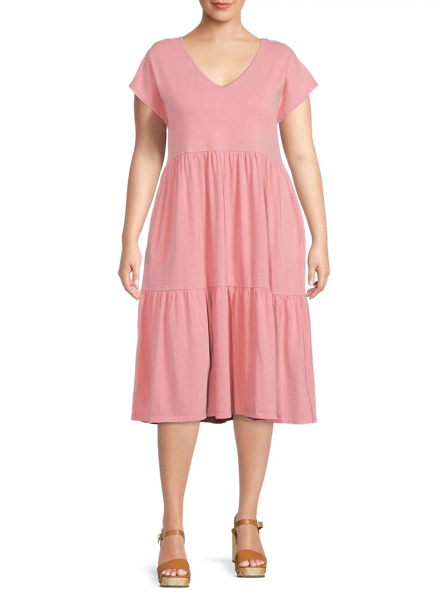 Terra & Sky Women's Plus Size Tiered V-Neck Knit Dress - Walmart.com | Walmart (US)