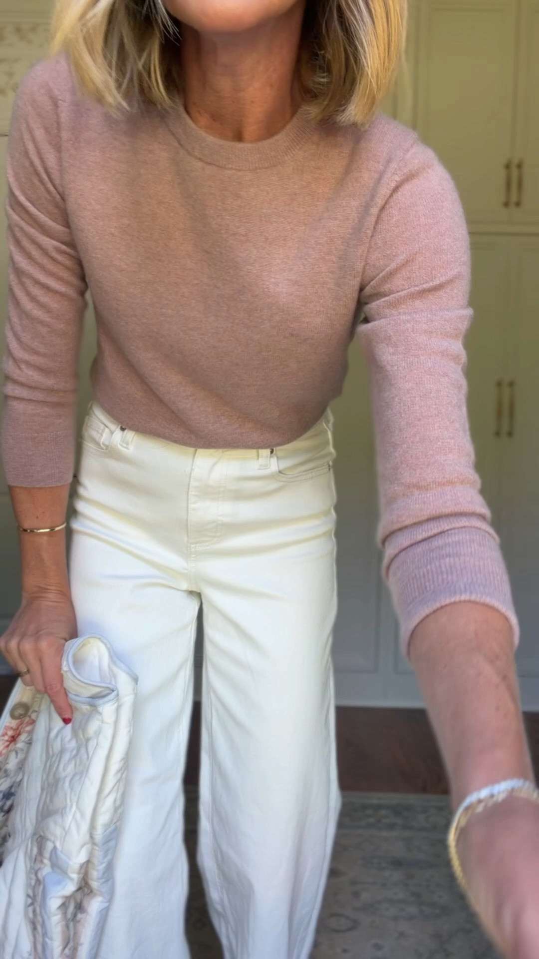 Xs in sweater and jacket 
Sized up in the jeans. 
Wearing the 6