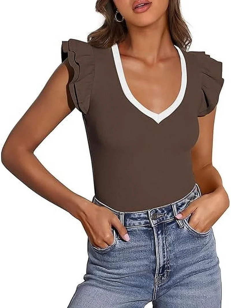 PRETTYGARDEN Womens V Neck Summer Tops Ruffle Sleeveless Slim Fit T Shirts Going Out Casual Blous... | Walmart (US)