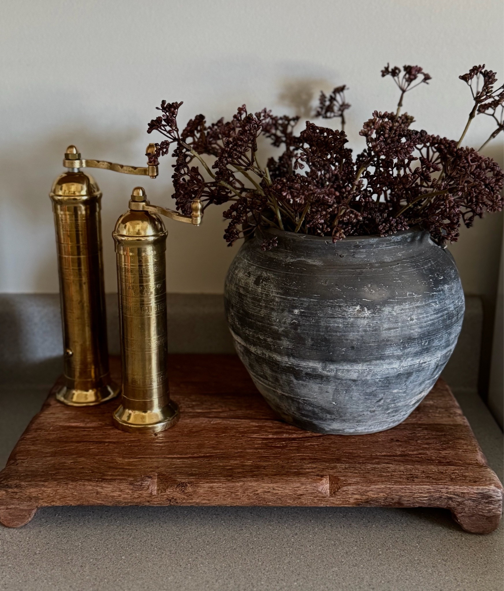 Wood riser, brass, grinders, salt and pepper, grinders, rustic vase, berry, stems, fall styling, fall kitchen

#LTKSaleAlert #LTKU #LTKHome