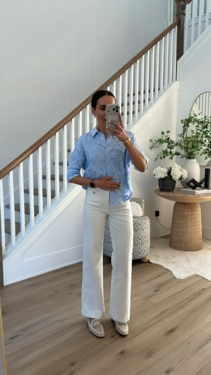 ANTHROPOLOGIE buy more, save more $50 off $150 / $100 off $300 / $150 off $500. I'm wearing size XS in shirt.

business casual, white jeans, elevated button down shirt, classy style, old money, annabrstyle

#LTKSaleAlert #LTKOver40