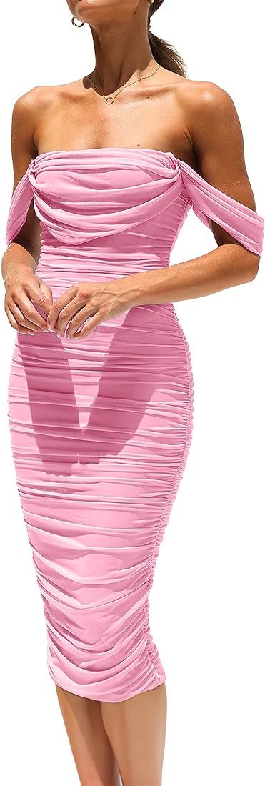  Off The Shoulder Ruched Bodycon Dresses Sleeveless Sexy Party Club Mi... | Amazon (US)