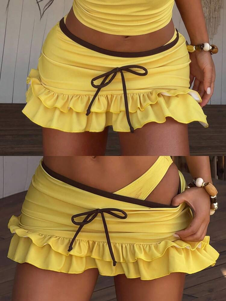 Swim Vcay Women's Vacation Casual Contrast Color Trim Tie-Up Swimwear Bottom | SHEIN