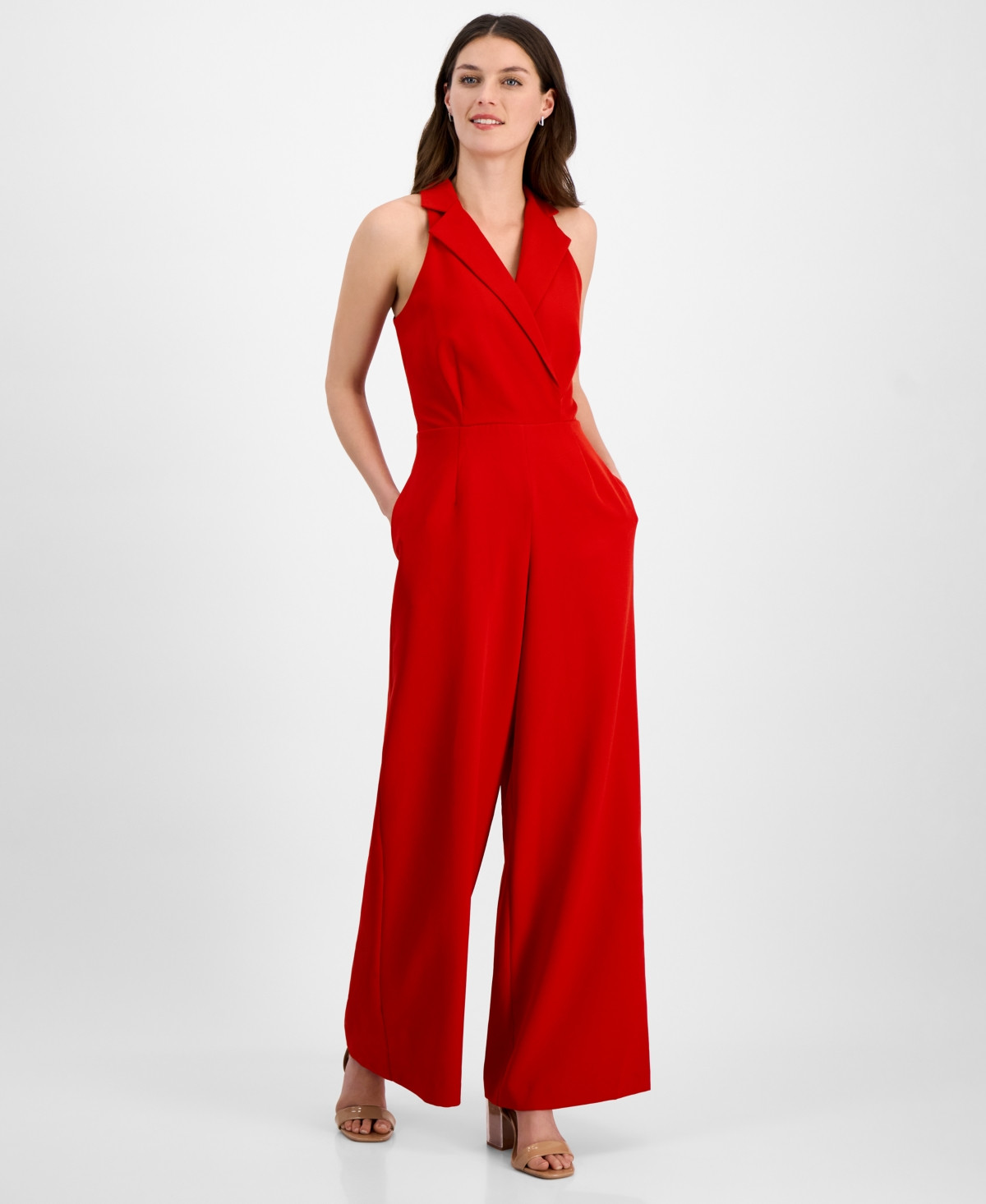 julia jordan Women's Notched-Collar Jumpsuit - Red | Macy's