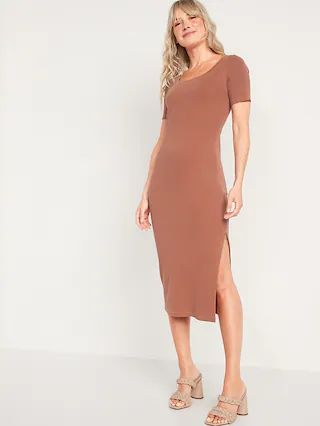 Fitted Short-Sleeve Rib-Knit Maxi Dress for Women | Old Navy (US)