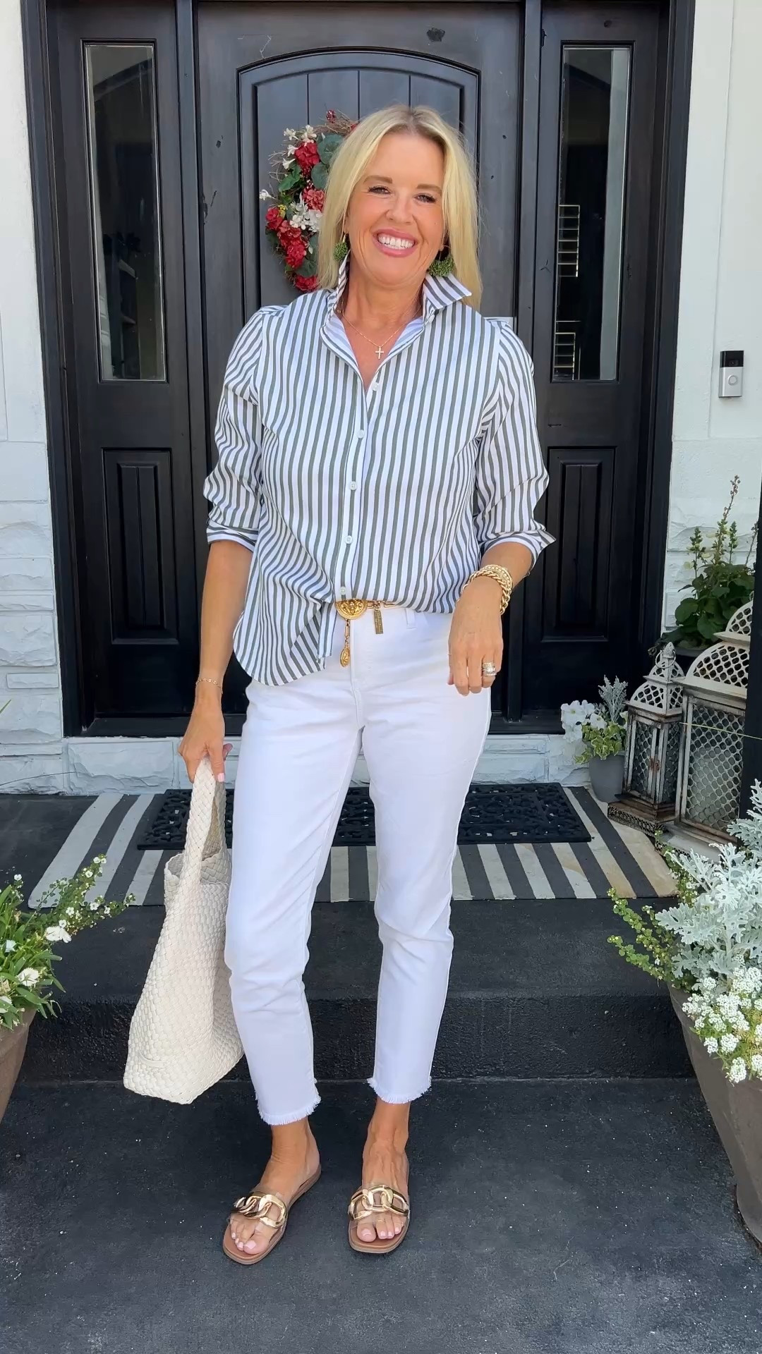 Way to White white Jeans over 50

Add a POP of Green 🌱… Green is trending for spring and is a great way to take your favorite whites into Spring for those 60-70 degrees days…🌱

No stain - White Jeans Girlfriend straight leg jeans with frayed hem by Chicos  tts (I am in 0 Chicos (4 ) other brands

Amazon button up tts 

Woven tote 

Fun style tip: add a stack of Arm Candy (bracelets) to your button shirt outfits as it as a fun detail, when your sleeves are rolled up for warmer weather (or 3/4 sleeve)  (Chicos )

Have a great Thursday
pretty ladies🤍🌱

#LTKStyleTip #LTKWatchNow #LTKOver40