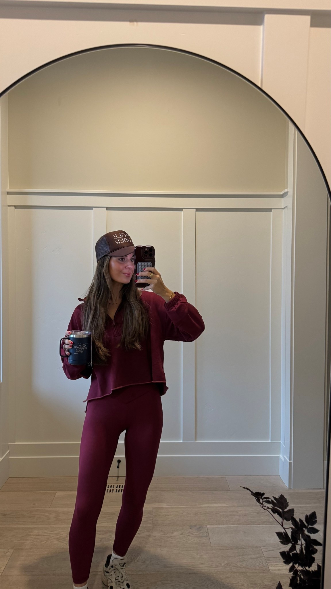 the perfect matching set for the holidays! The quality 10/10 and sooo comfortable! Also wearing the matching workout bra with cute criss cross backing!!

Work out bra: size small
Leggings: size small short
Long sleeve half zip: size xs 
