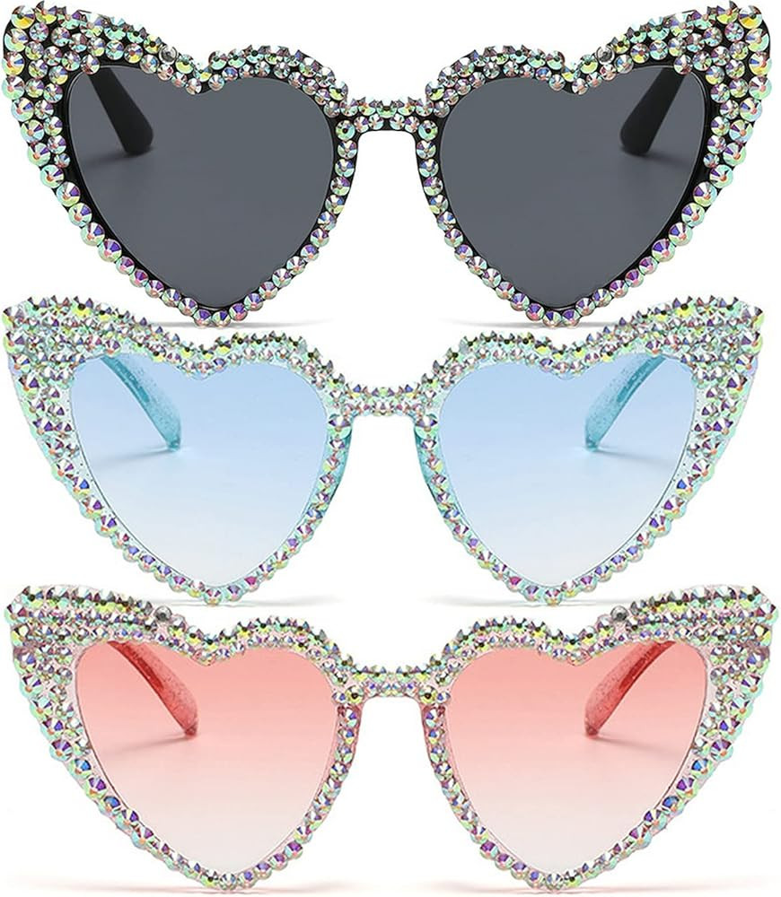 mincl Cute Women Heart Sunglasses Fashion Shiny Bling Diamond Sunglasses Polygonal Pink Rhineston... | Amazon (US)