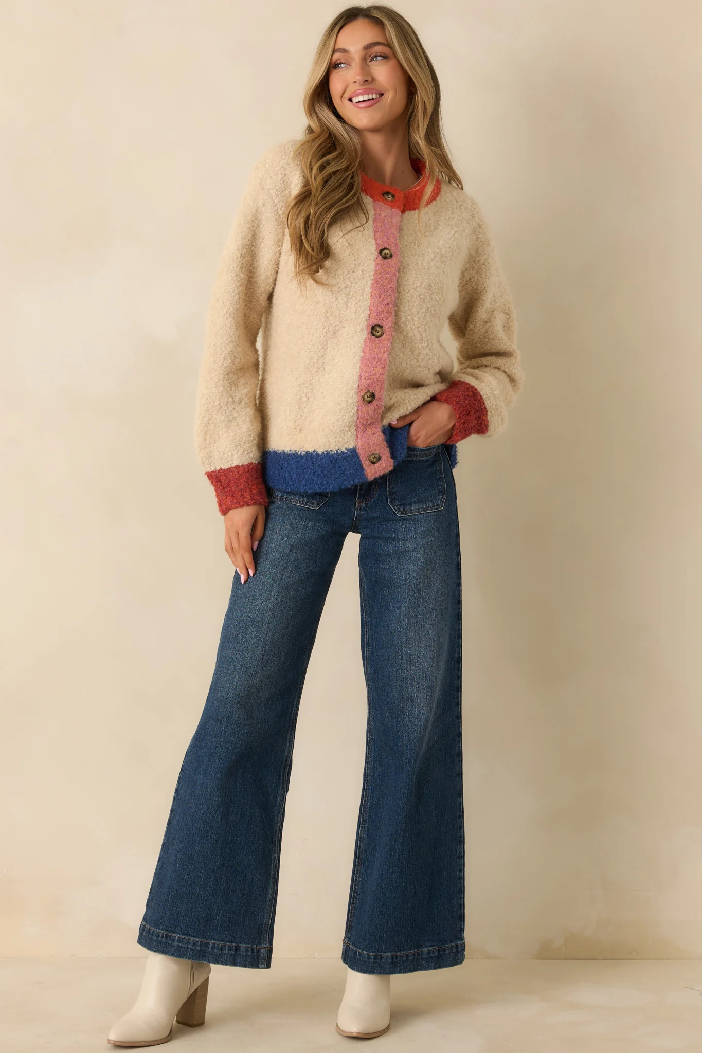 FRNCH Cyclamen Ivory Multi Knit Color Block Cardigan | Red Dress