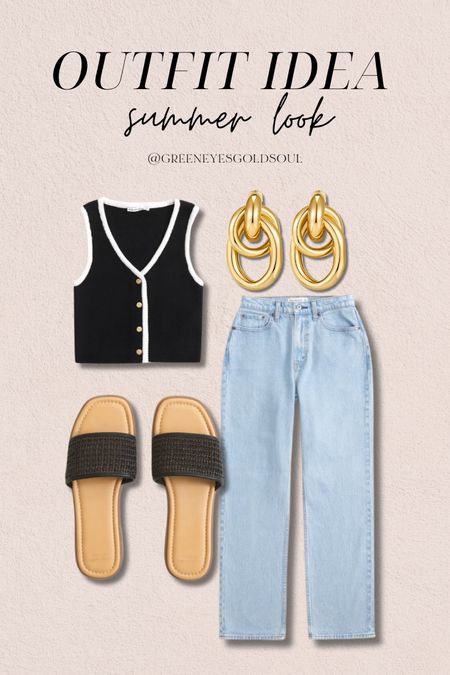 Summer look outfit idea! 💕
Sweater vest, jeans, curve love, dad jeans, slide sandals, gold earrings 

#LTKU #LTKFindsUnder100 #LTKStyleTip