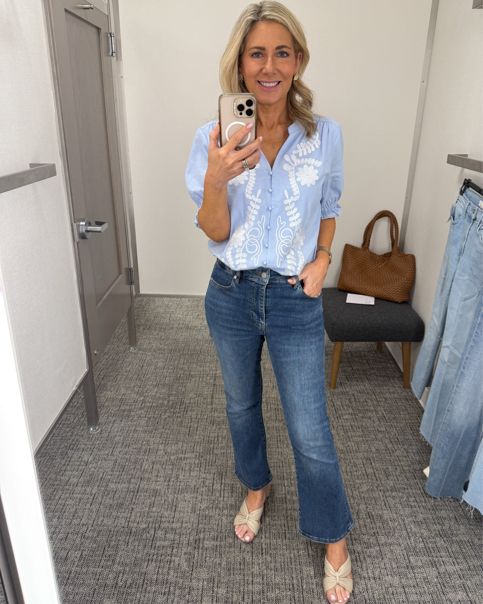Doesn’t @Nordstrom have the best lighting in their dressing rooms?! Went over there recently to try on some of the premium denim that’s in the Anniversary Sale so I know how it fits and what to recommend to you. I’m actually wearing jeans I bought last year from the N Sale. This blouse is a standout-and it’s from Amazon. Wearing a size small in the top, size 26 (TTS) in the jeans and the shoes run true to size. 

#amazonfinds #quince #denim #fashionover50 

#LTKShoeCrush #LTKSaleAlert #LTKOver40