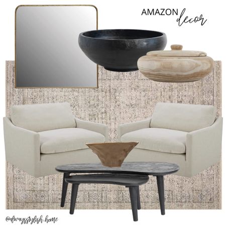 Home decor, cream accent chair, beige rug, black bowl, wood bowl, brown planter, gold Mirror, black coffee table, living room

#LTKhome