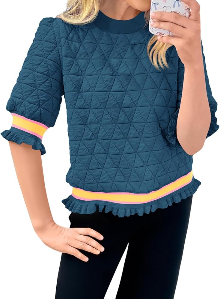 Fisoew Womens Quilted Pattern Cropped Sweatshirts Casual Crewneck Half Lantern Sleeve Textured Ru... | Amazon (US)