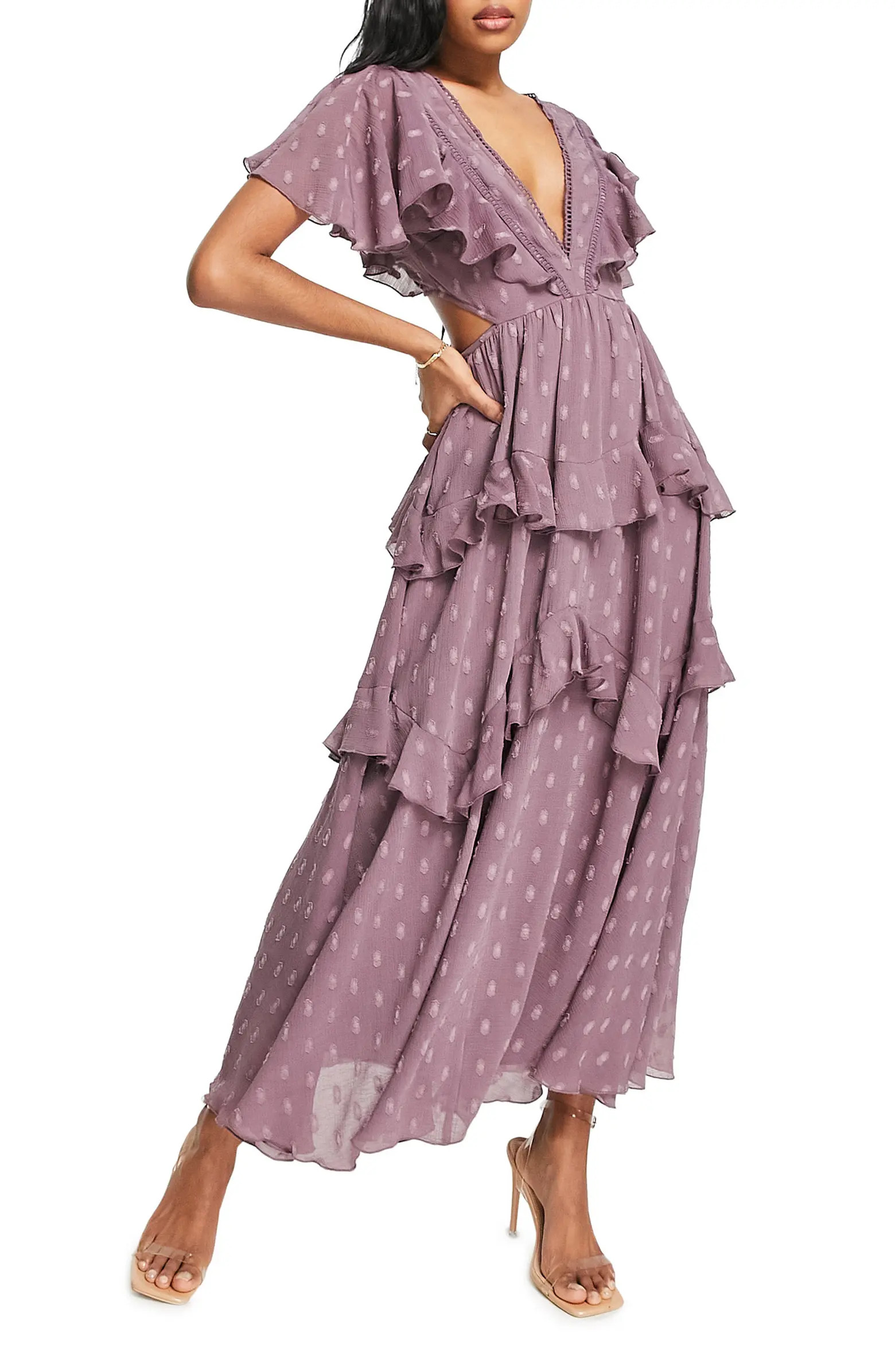 ASOS DESIGN Ruffle Tier Dobby Cutout Chiffon Midi Dress | Nordstrom | Nordstrom