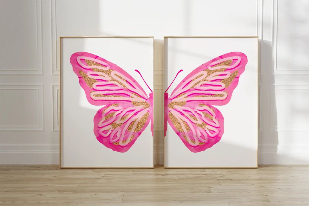 Pink Split Butterfly Wall Art Set Teen Girl Room Decor - Etsy | Etsy (US)