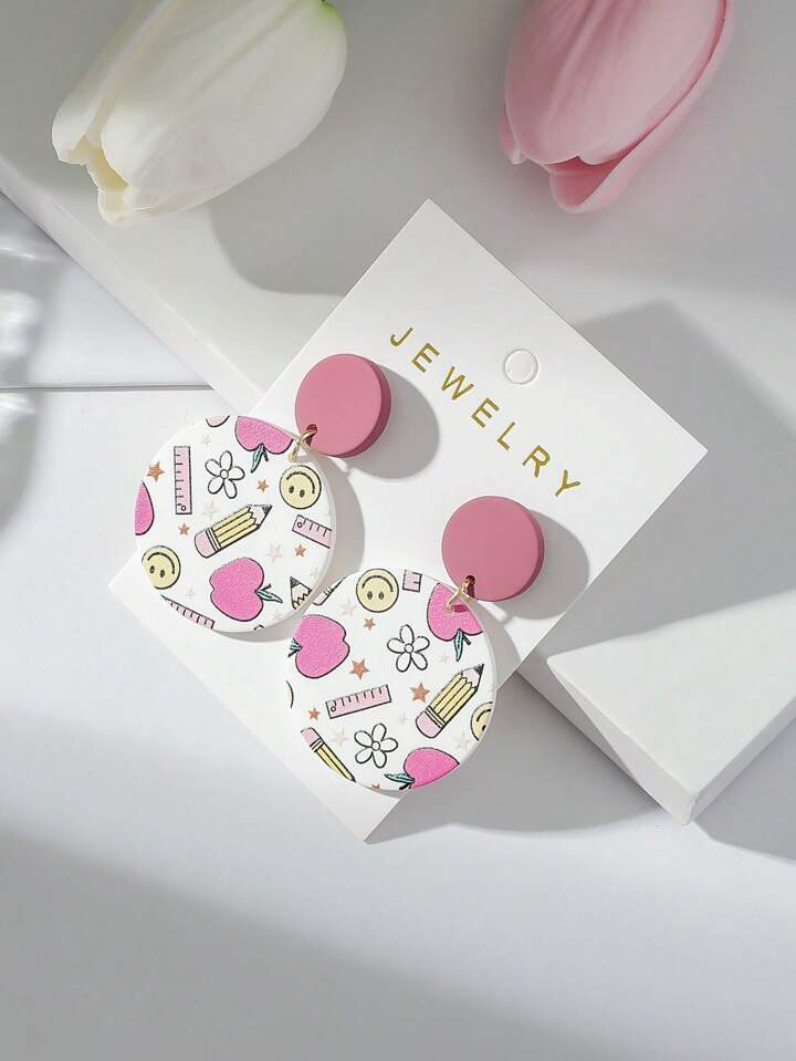 1pair Women's Round Acrylic Earrings With Face, Pencil, Ruler, Apple Flower Print And Ceramic Tex... | SHEIN