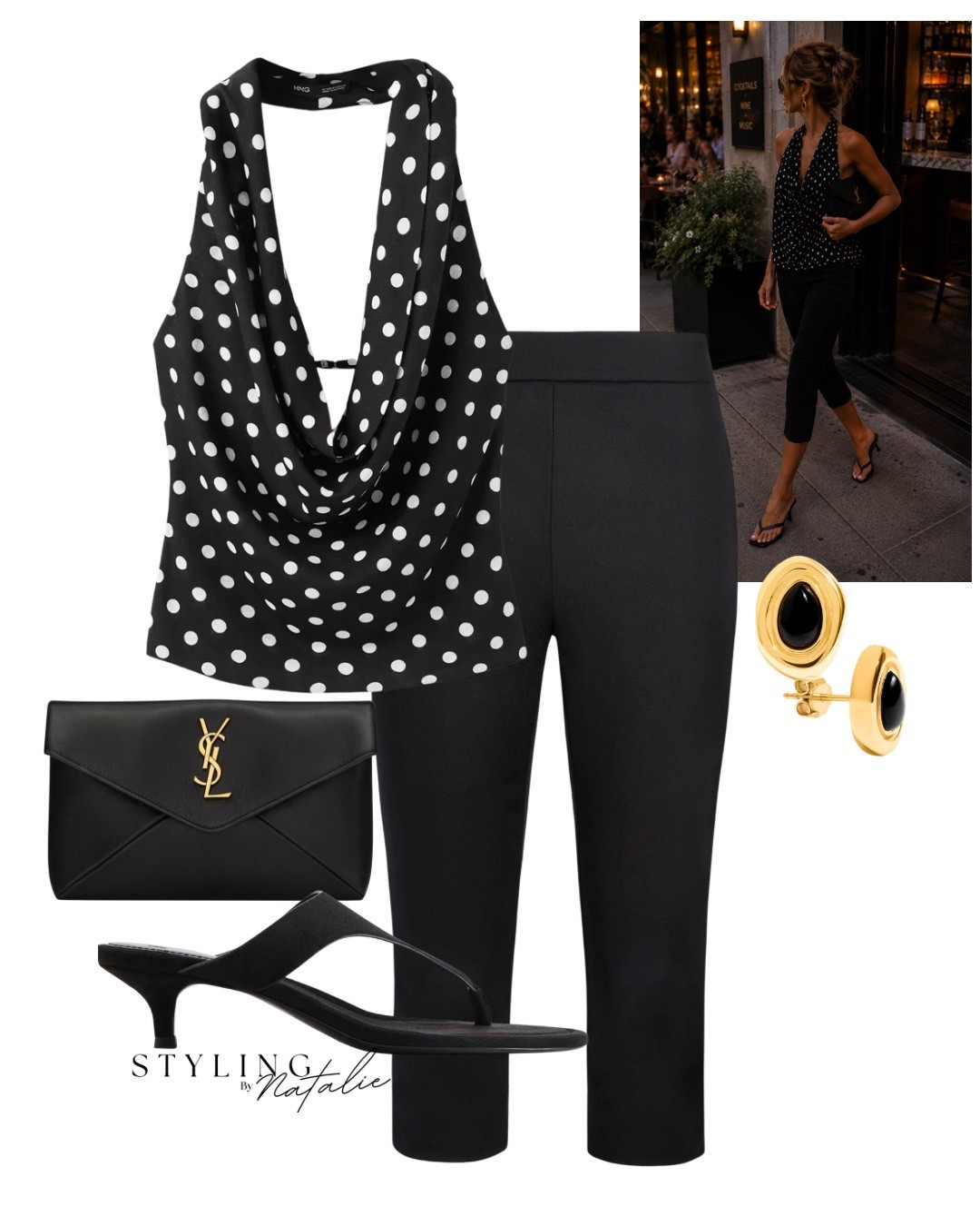 Weekend look- draped polka dot halter neck top, black capri pants, thong kitten heel sandals and YSL clutch. 
Date night, summer evening outfit, cocktails outfit, evening look. Holiday outfit, vacation look, polka dots

#LTKsummer #LTKeurope #LTKuk