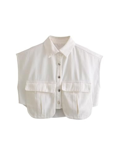 Perbai Womens Cropped Button Down Shirt Summer Collared Sleeveless Loose Denim Top with Pockets | Amazon (US)