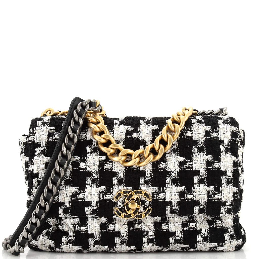 19 Flap Bag Quilted Houndstooth Tweed and Ribbon Large | Rebag